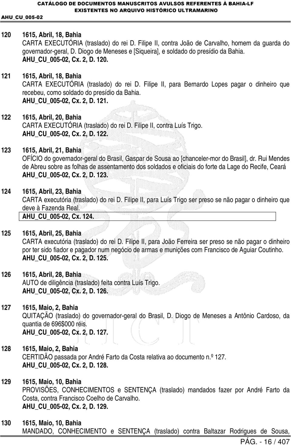 Filipe II, para Bernardo Lopes pagar o dinheiro que recebeu, como soldado do presídio da Bahia., Cx. 2, D. 121. 122 1615, Abril, 20, Bahia CARTA EXECUTÓRIA (traslado) do rei D.