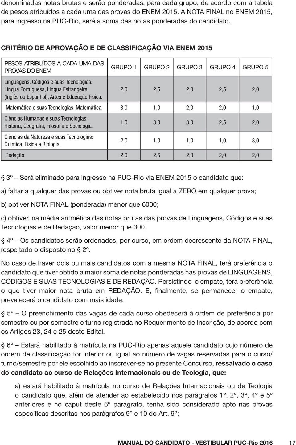 CRITÉRIO DE APROVAÇÃO E DE CLASSIFICAÇÃO VIA ENEM 2015 PESOS ATRIBUÍDOS A CADA UMA DAS PROVAS DO ENEM Linguagens, Códigos e suas Tecnologias: Língua Portuguesa, Língua Estrangeira (Inglês ou