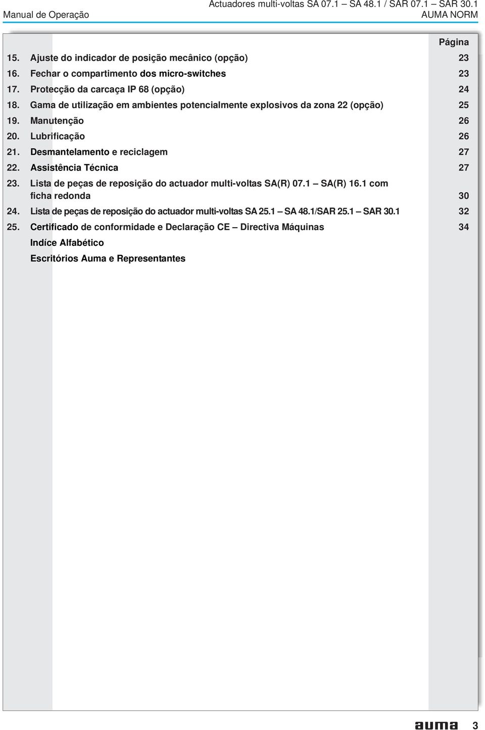 Manutenção 26 20. Lubrificação 26 21. Desmantelamento e reciclagem 27 22. Assistência Técnica 27 23. Lista de peças de reposição do actuador multi-voltas SA(R) 07.1 SA(R) 16.