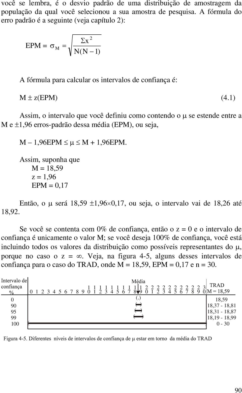 1) Assim, o intervalo que você definiu como contendo o μ se estende entre a M e ±1,96 erros-padrão dessa média (EPM), ou seja, M 1,96EPM μ M + 1,96EPM.