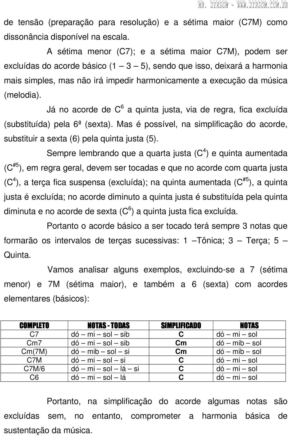 (melodia). Já no acorde de C 6 a quinta justa, via de regra, fica excluída (substituída) pela 6ª (sexta). Mas é possível, na simplificação do acorde, substituir a sexta (6) pela quinta justa (5).