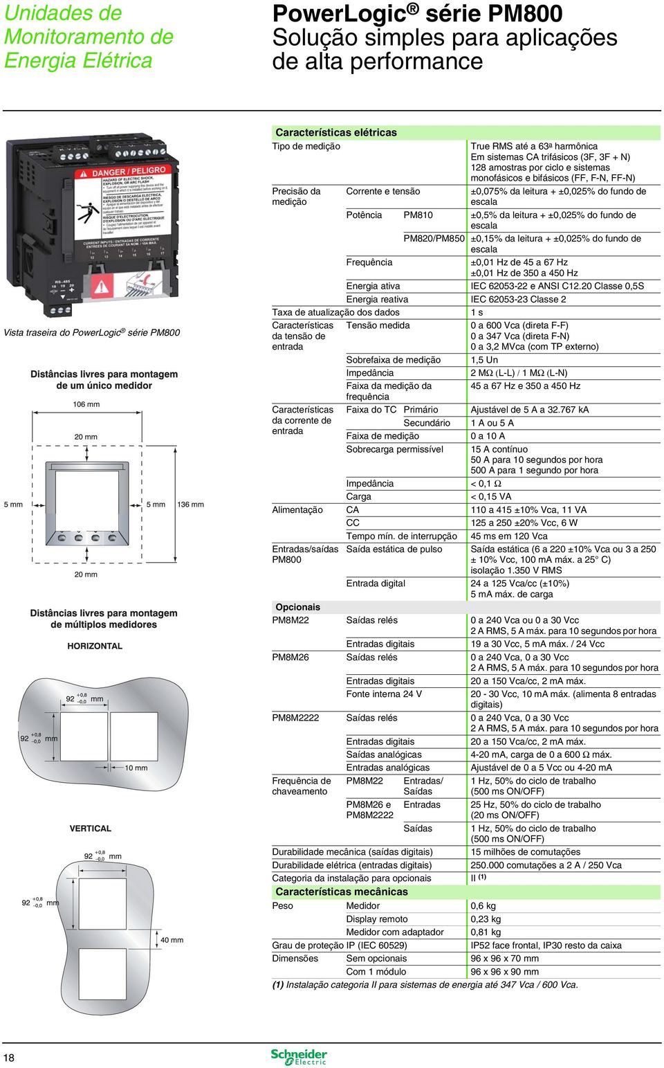 PM810 ±0,5% da leitura + ±0,025% do fundo de escala PM820/PM850 ±0,15% da leitura + ±0,025% do fundo de escala Frequência ±0,01 Hz de 45 a 67 Hz ±0,01 Hz de 350 a 450 Hz Energia ativa IEC 62053-22 e