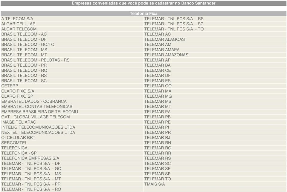 EMBRATEL-CONTAS TELEFONICAS EMPRESA BRASILEIRA DE TELECOMU GVT - GLOBAL VILLAGE TELECOM IMAGE TEL ARAG INTELIG TELECOMUNICACOES LTDA NEXTEL TELECOMUNICACOES LTDA OI CELULAR BRT SERCOMTEL TELEFONICA