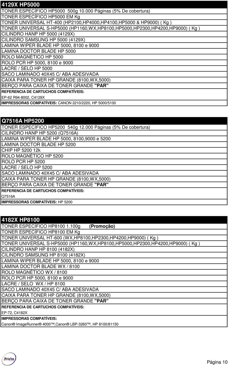 (HP1160,WX,HP8100,HP5000,HP2300,HP4200,HP9000) ( Kg ) CILINDRO HANP HP 5000 (4129X) CILINDRO SAMSUNG HP 5000 (4129X) LAMINA WIPER BLADE HP 5000, 8100 e 9000 LAMINA DOCTOR BLADE HP 5000 ROLO MAGNÉTICO