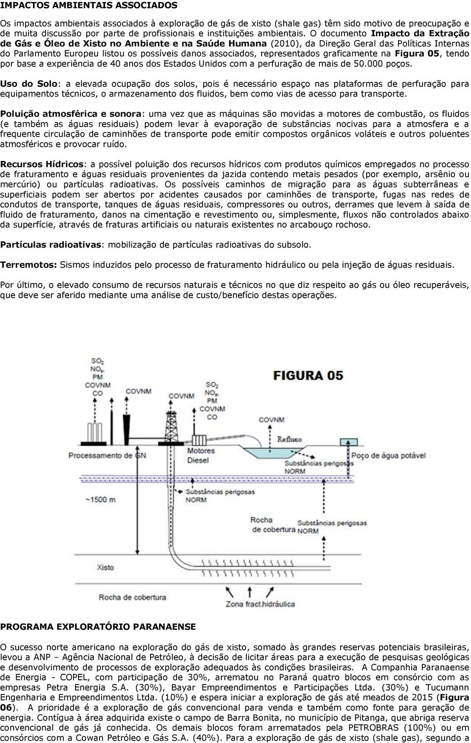 O documento Impacto da Extração de Gás e Óleo de Xisto no Ambiente e na Saúde Humana (2010), da Direção Geral das Políticas Internas do Parlamento Europeu listou os possíveis danos associados,