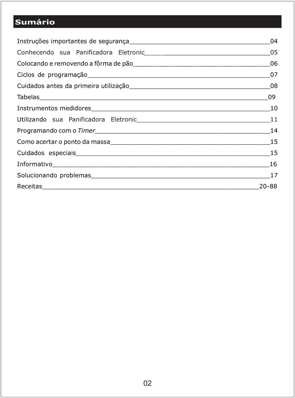 09 Instrumentos medidores 10 Utilizando sua Panificadora Eletronic 11 Programando com o Timer 14 Como