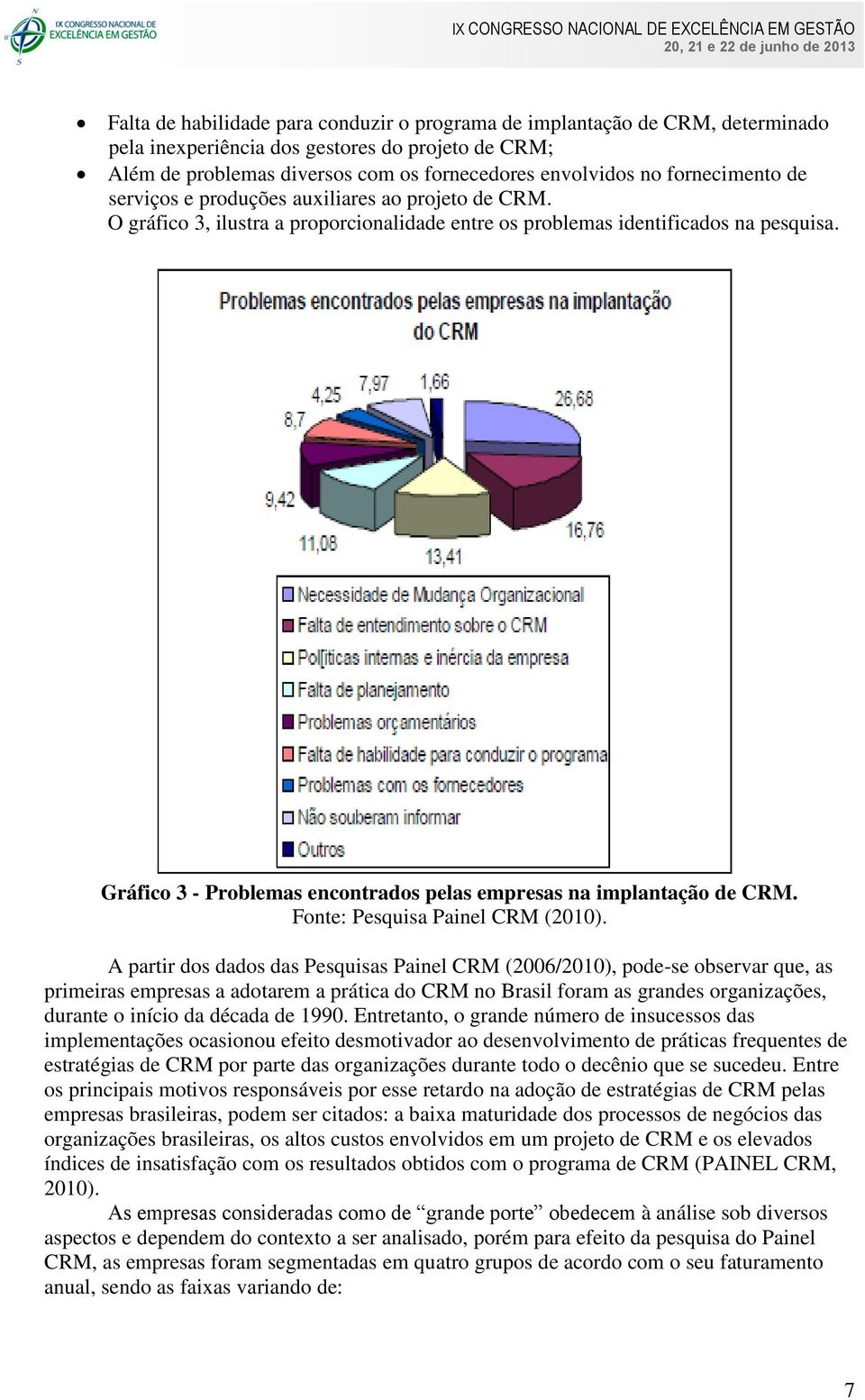 Gráfico 3 - Problemas encontrados pelas empresas na implantação de CRM. Fonte: Pesquisa Painel CRM (2010).