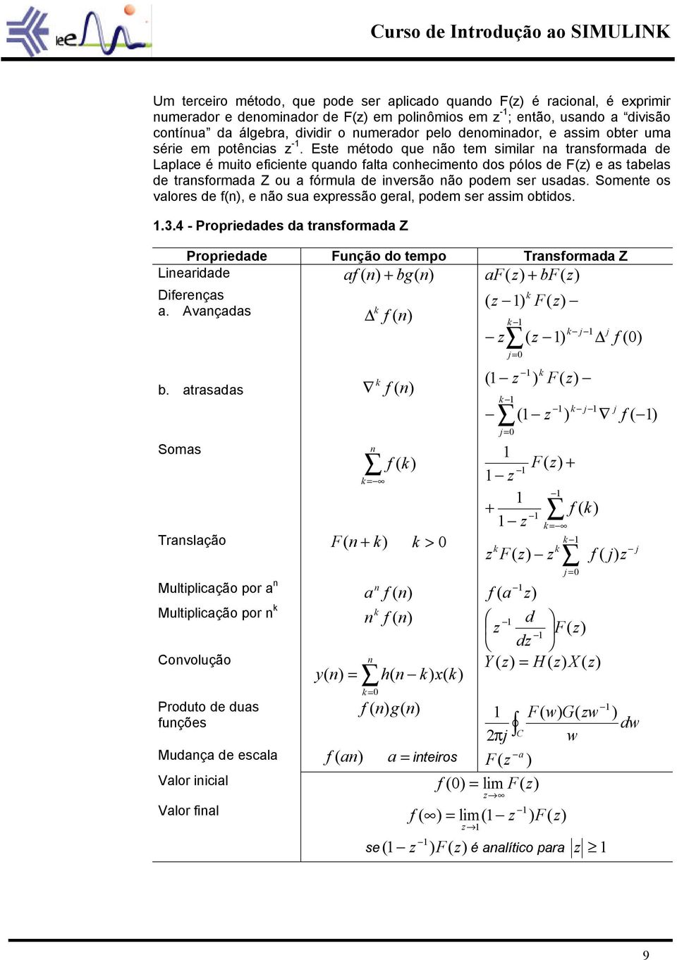 Este método que não tem similar na transformada de Laplace é muito eficiente quando falta conhecimento dos pólos de F(z) e as tabelas de transformada Z ou a fórmula de inversão não podem ser usadas.