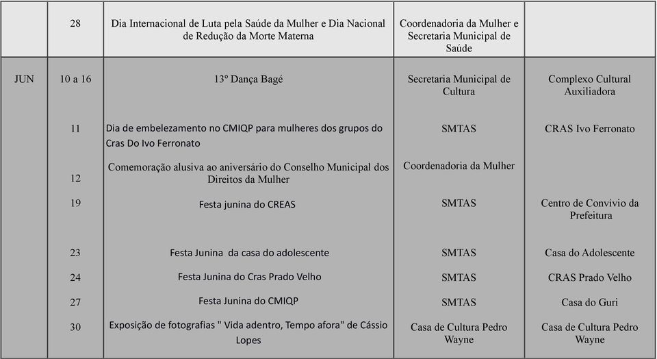 Municipal dos Direitos da Mulher 19 Festa junina do CREAS Centro de Convívio da Prefeitura 23 Festa Junina da casa do adolescente Casa do Adolescente 24