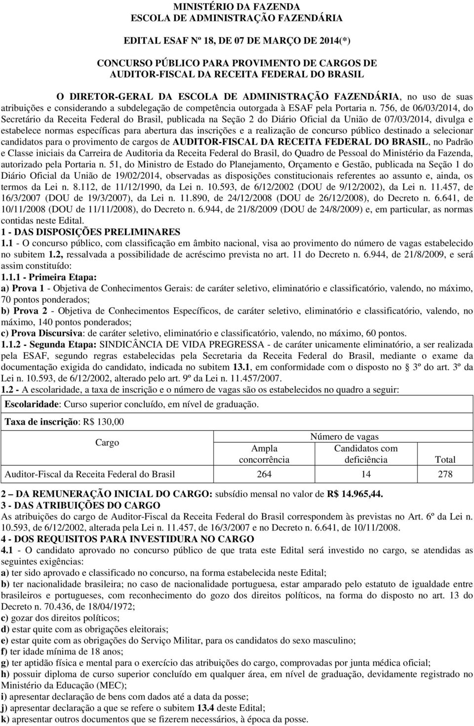 756, de 06/03/2014, do Secretário da Receita Federal do Brasil, publicada na Seção 2 do Diário Oficial da União de 07/03/2014, divulga e estabelece normas específicas para abertura das inscrições e a