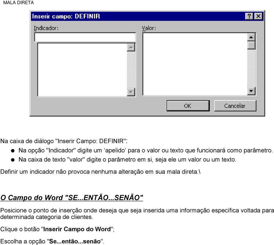 Definir um indicador não provoca nenhuma alteração em sua mala direta.\ O Campo do Word "SE...ENTÃO.