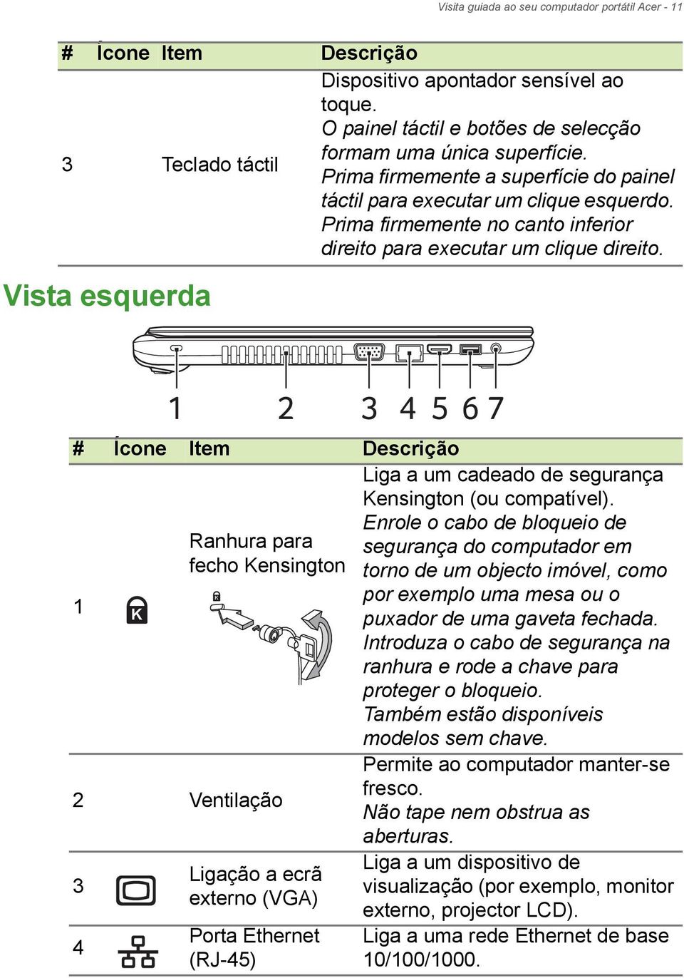 Vista esquerda 1 2 3 4 5 67 # Ícone Item Descrição 1 Ranhura para fecho Kensington 2 Ventilação 3 4 Ligação a ecrã externo (VGA) Porta Ethernet (RJ-45) Liga a um cadeado de segurança Kensington (ou