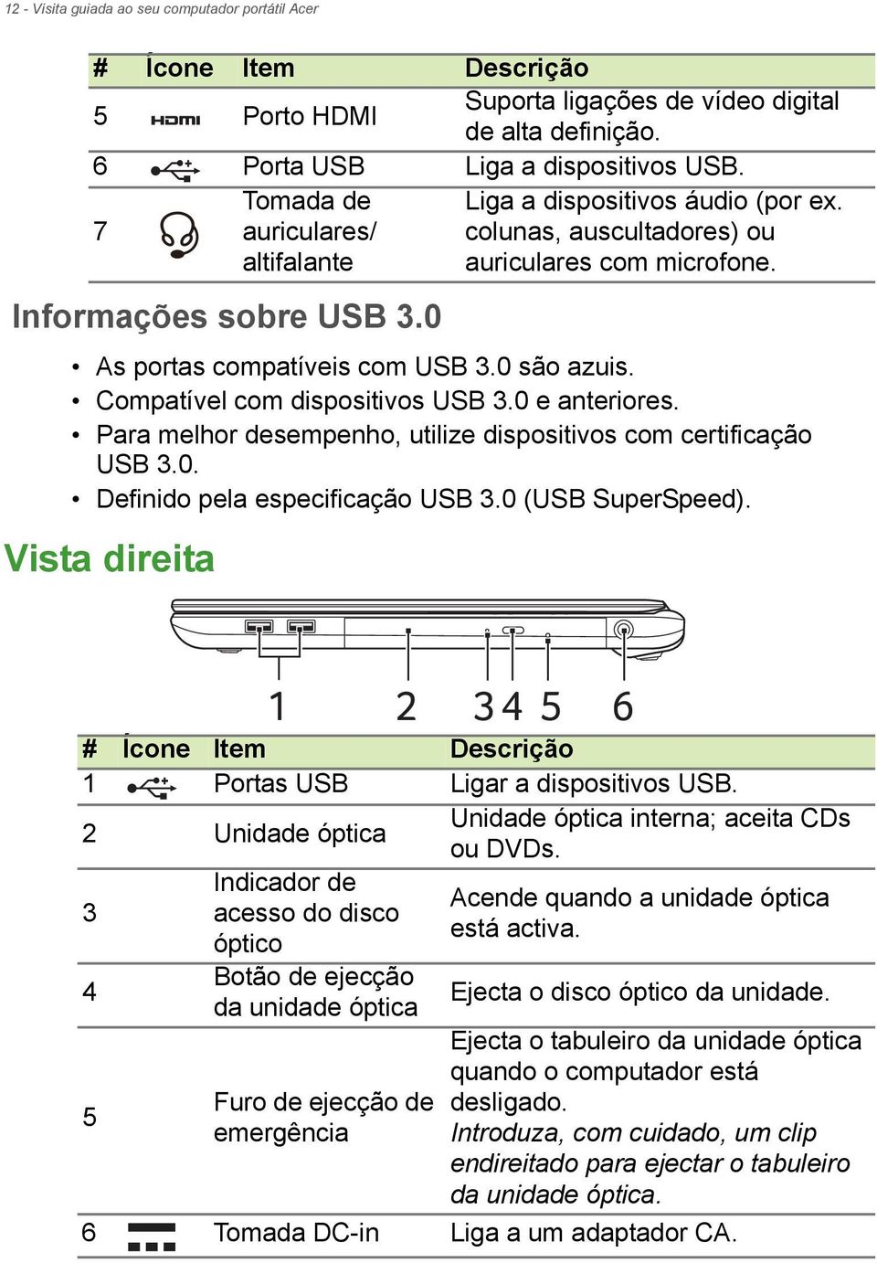 0 (USB SuperSpeed). Vista direita Tomada de auriculares/ altifalante Liga a dispositivos áudio (por ex. colunas, auscultadores) ou auriculares com microfone.