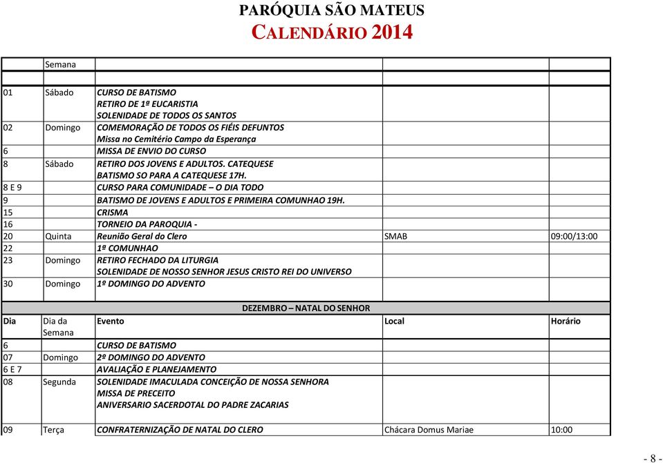 15 CRISMA 16 TORNEIO DA PAROQUIA - 20 Quinta Reunião Geral do Clero SMAB 09:00/13:00 22 1ª COMUNHAO 23 Domingo RETIRO FECHADO DA LITURGIA SOLENIDADE DE NOSSO SENHOR JESUS CRISTO REI DO UNIVERSO 30