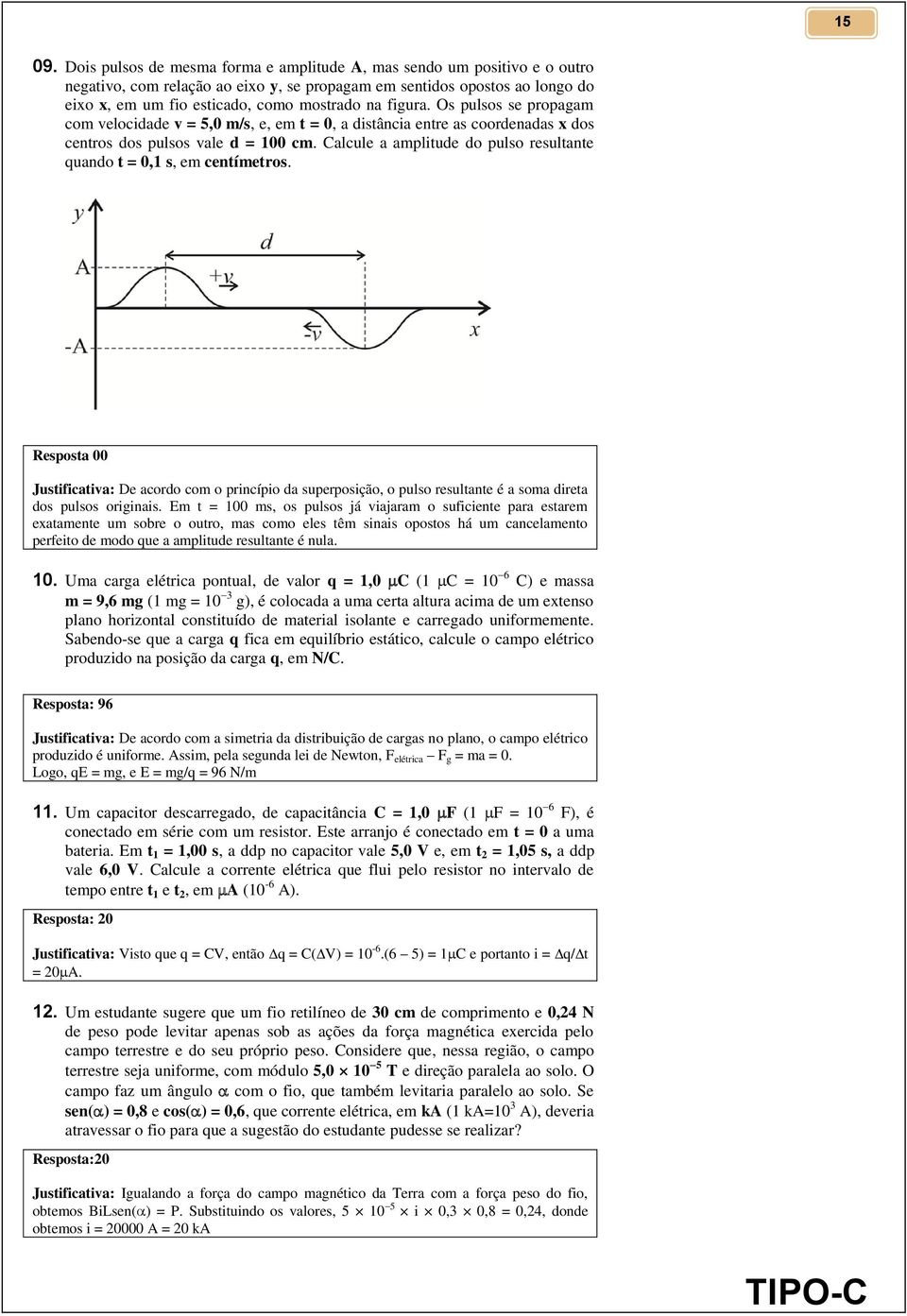 figura. Os pulsos se propagam com velocidade v = 5,0 m/s, e, em t = 0, a distância entre as coordenadas x dos centros dos pulsos vale d = 100 cm.