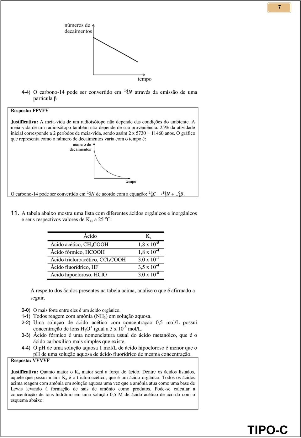 O gráfico que representa como o número de decaimentos varia com o tempo é: O carbono-14 pode ser convertido em de acordo com a equação: +. 11.