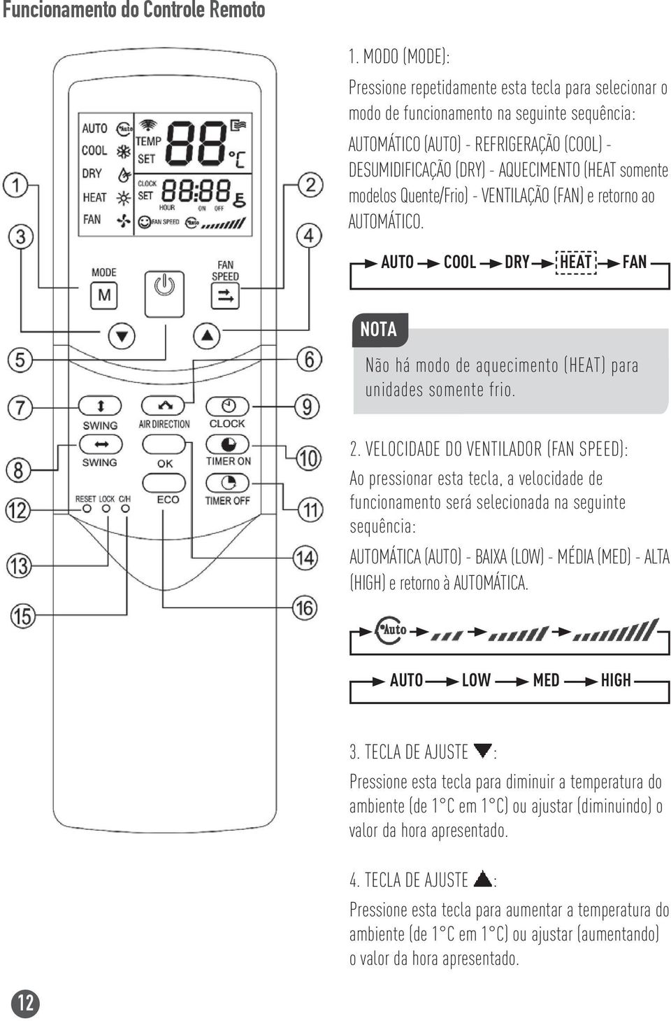 somente modelos Quente/Frio) - VENTILAÇÃO (FAN) e retorno ao AUTOMÁTICO. AUTO COOL DRY HEAT FAN NOTA Não há modo de aquecimento (HEAT) para unidades somente frio. 2.