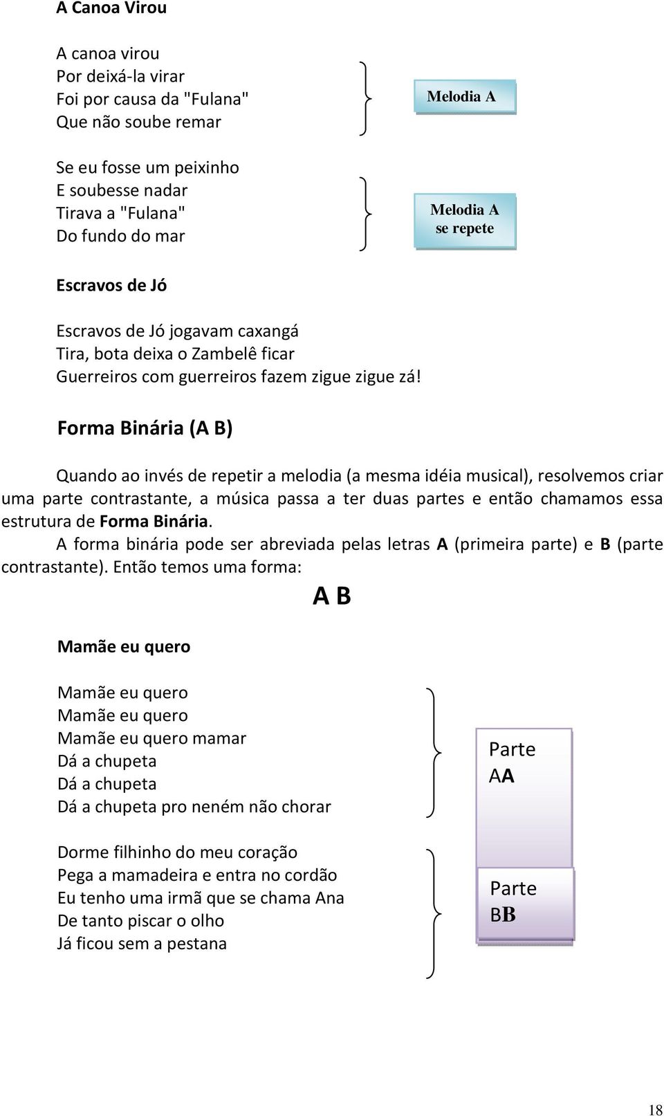 Forma Binária (A B) Quando ao invés de repetir a melodia (a mesma idéia musical), resolvemos criar uma parte contrastante, a música passa a ter duas partes e então chamamos essa estrutura de Forma