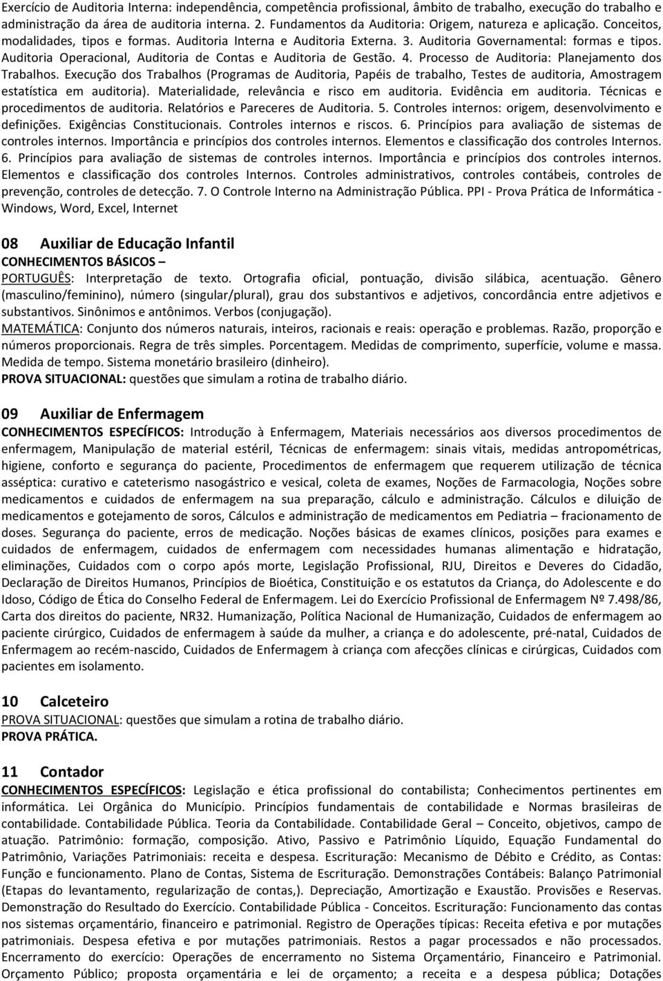 Auditoria Operacional, Auditoria de Contas e Auditoria de Gestão. 4. Processo de Auditoria: Planejamento dos Trabalhos.