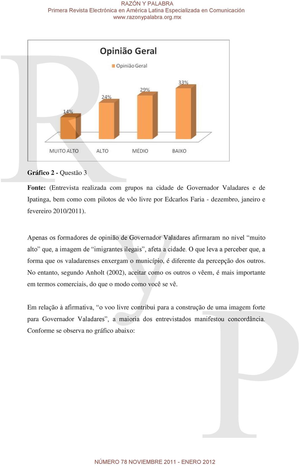 O que leva a perceber que, a forma que os valadarenses enxergam o município, é diferente da percepção dos outros.