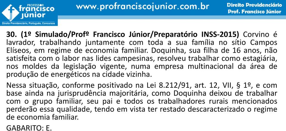 produção de energéticos na cidade vizinha. Nessa situação, conforme positivado na Lei 8.212/91, art.