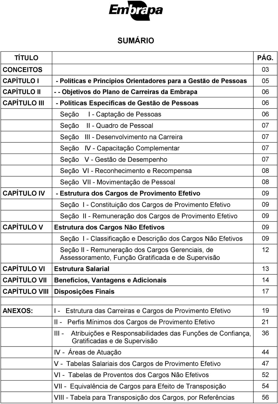 Seção I - Captação de Pessoas 06 Seção II - Quadro de Pessoal 07 Seção III - Desenvolvimento na Carreira 07 Seção IV - Capacitação Complementar 07 Seção V - Gestão de Desempenho 07 Seção VI -