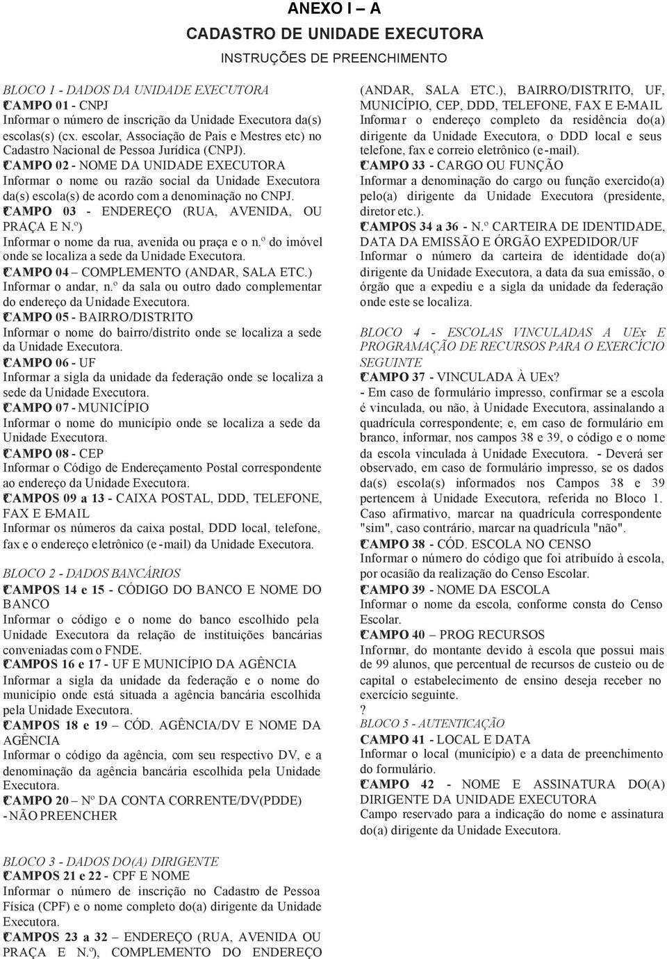 ?CAMPO 02 - NOME DA UNIDADE EXECUTORA Informar o nome ou razão social da Unidade Executora da(s) escola(s) de acordo com a denominação no CNPJ.?CAMPO 03 - ENDEREÇO (RUA, AVENIDA, OU PRAÇA E N.