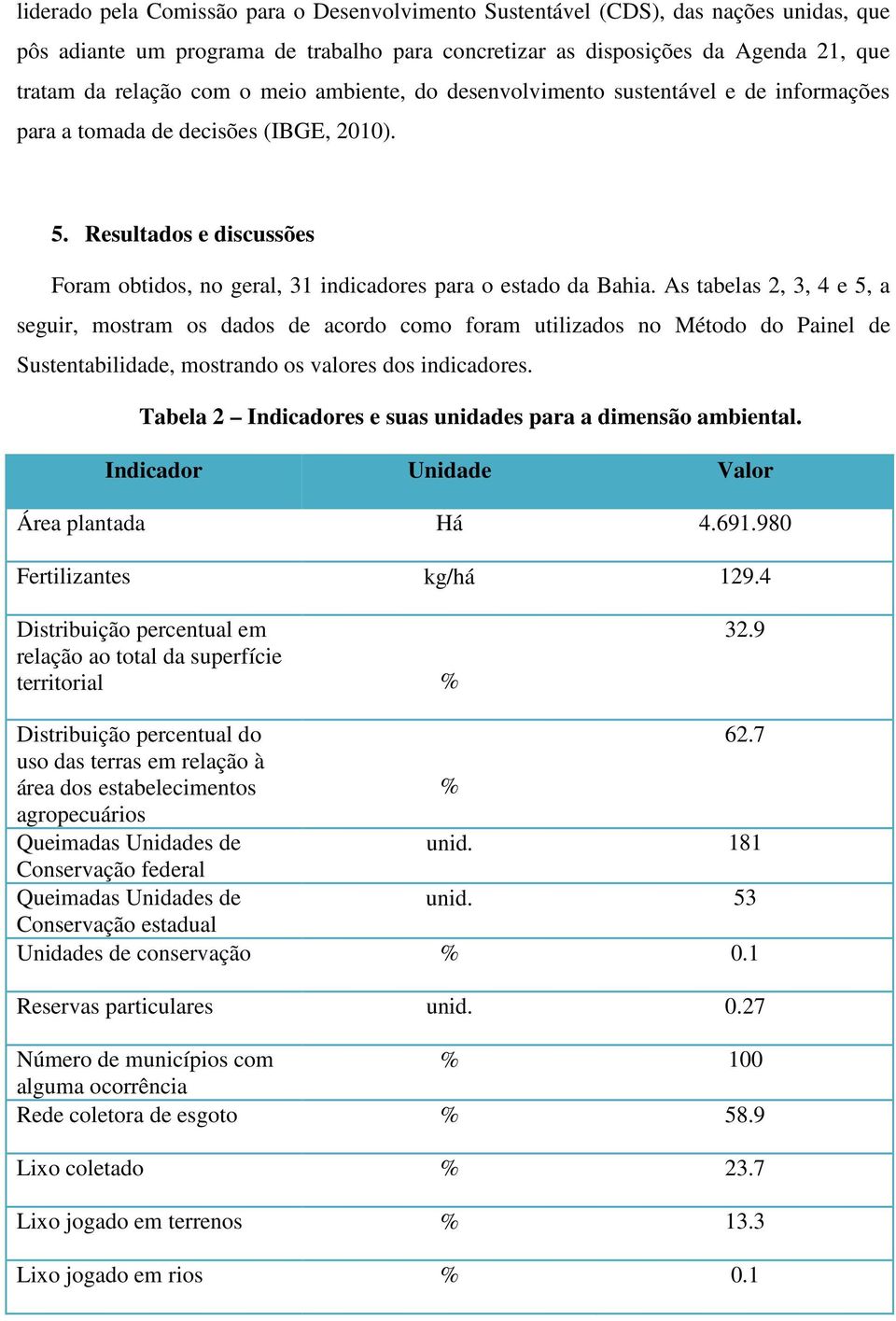As tabelas 2, 3, 4 e 5, a seguir, mostram os dados de acordo como foram utilizados no Método do Painel de Sustentabilidade, mostrando os valores dos indicadores.