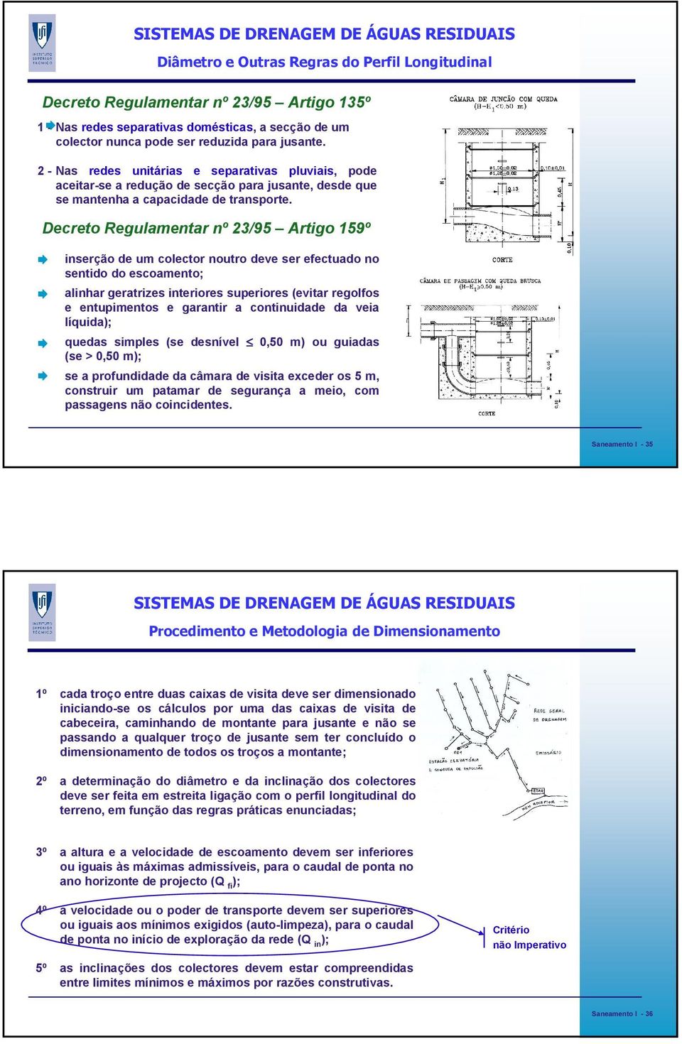 Decreto Regulamentar nº 23/95 Artigo 159º inserção de um colector noutro deve ser efectuado no sentido do escoamento; alinhar geratrizes interiores superiores (evitar regolfos e entupimentos e