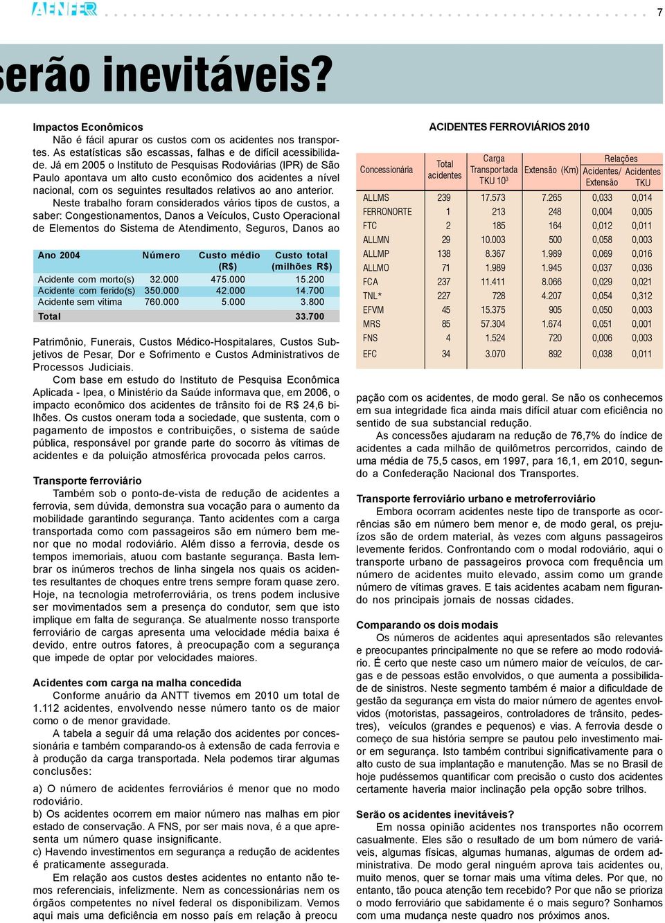 Neste trabalho foram considerados vários tipos de custos, a saber: Congestionamentos, Danos a Veículos, Custo Operacional de Elementos do Sistema de Atendimento, Seguros, Danos ao Ano 2004 Número