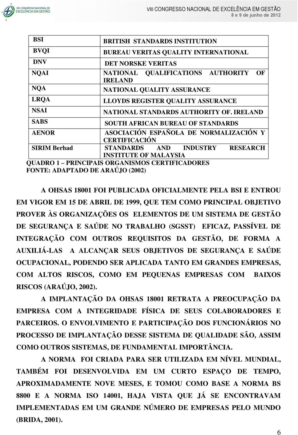 IRELAND SOUTH AFRICAN BUREAU OF STANDARDS AENOR ASOCIACIÓN ESPAÑOLA DE NORMALIZACIÓN Y CERTIFICACIÓN SIRIM Berhad STANDARDS AND INDUSTRY RESEARCH INSTITUTE OF MALAYSIA QUADRO 1 PRINCIPAIS ORGANISMOS