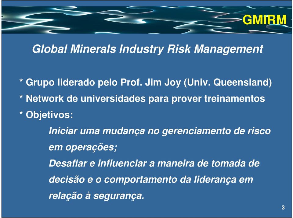 Queensland) * Network de universidades para prover treinamentos * Objetivos: Iniciar