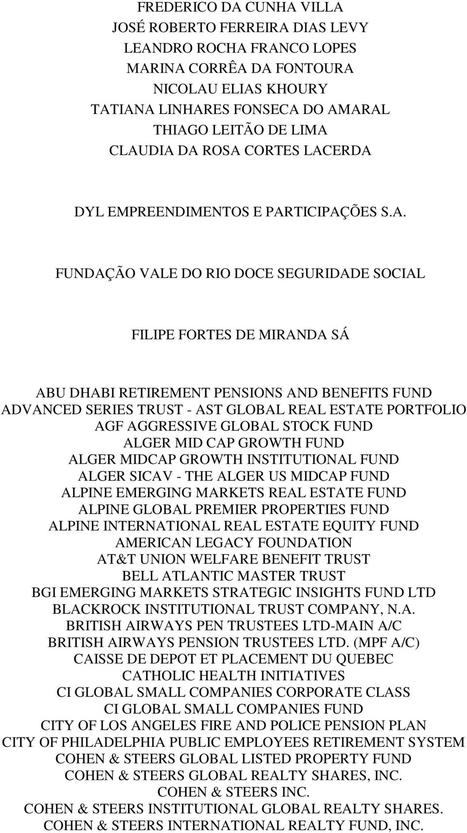 TRUST - AST GLOBAL REAL ESTATE PORTFOLIO AGF AGGRESSIVE GLOBAL STOCK FUND ALGER MID CAP GROWTH FUND ALGER MIDCAP GROWTH INSTITUTIONAL FUND ALGER SICAV - THE ALGER US MIDCAP FUND ALPINE EMERGING