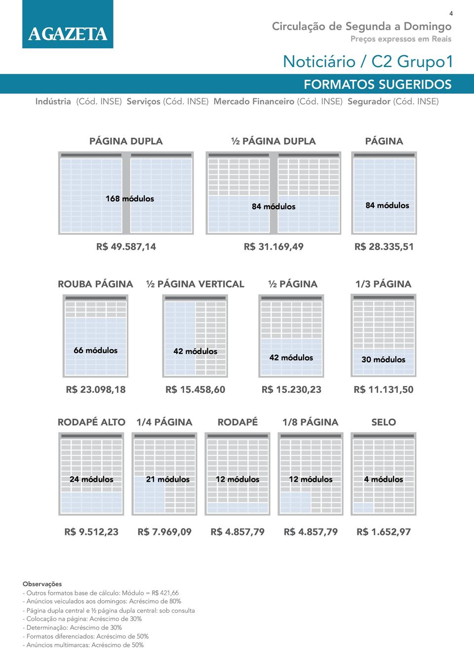 335,51 ROUBA PÁGINA ½ PÁGINA VERTICAL ½ PÁGINA 1/3 PÁGINA 66 módulos 42 módulos 42 módulos 30 módulos R$ 23.098,18 R$ 15.458,60 R$ 15.230,23 R$ 11.