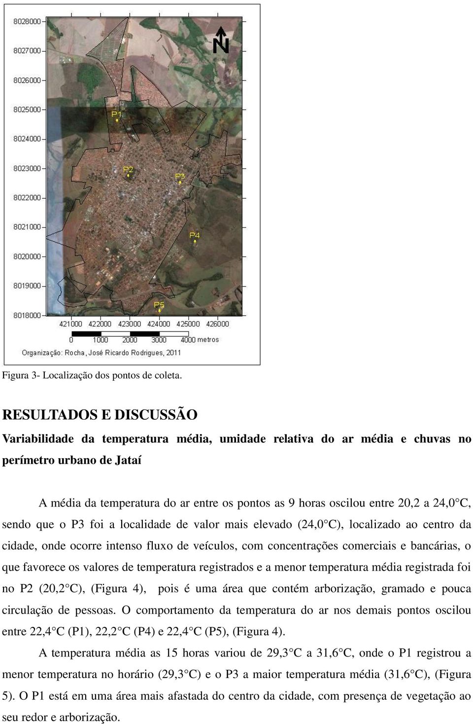 20,2 a 24,0 C, sendo que o P3 foi a localidade de valor mais elevado (24,0 C), localizado ao centro da cidade, onde ocorre intenso fluxo de veículos, com concentrações comerciais e bancárias, o que