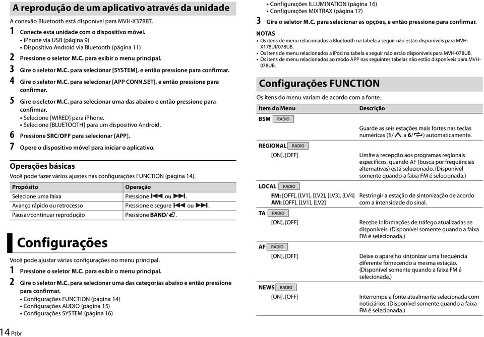 4 Gire o seletor M.C. para selecionar [APP CONN.SET], e então pressione para confirmar. 5 Gire o seletor M.C. para selecionar uma das abaixo e então pressione para confirmar.