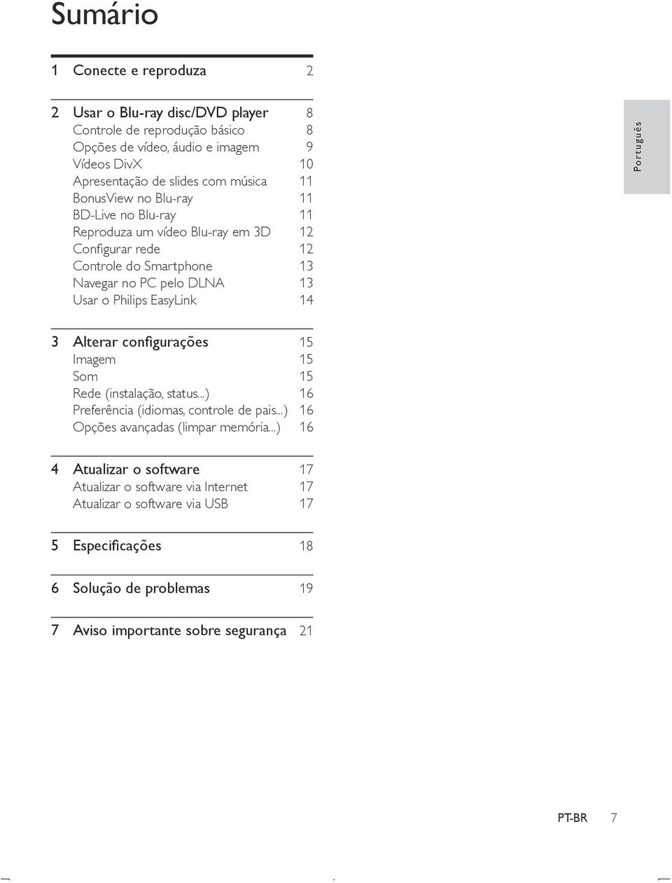 EasyLink 14 Português 3 Alterar configurações 15 Imagem 15 Som 15 Rede (instalação, status...) 16 Preferência (idiomas, controle de pais...) 16 Opções avançadas (limpar memória.