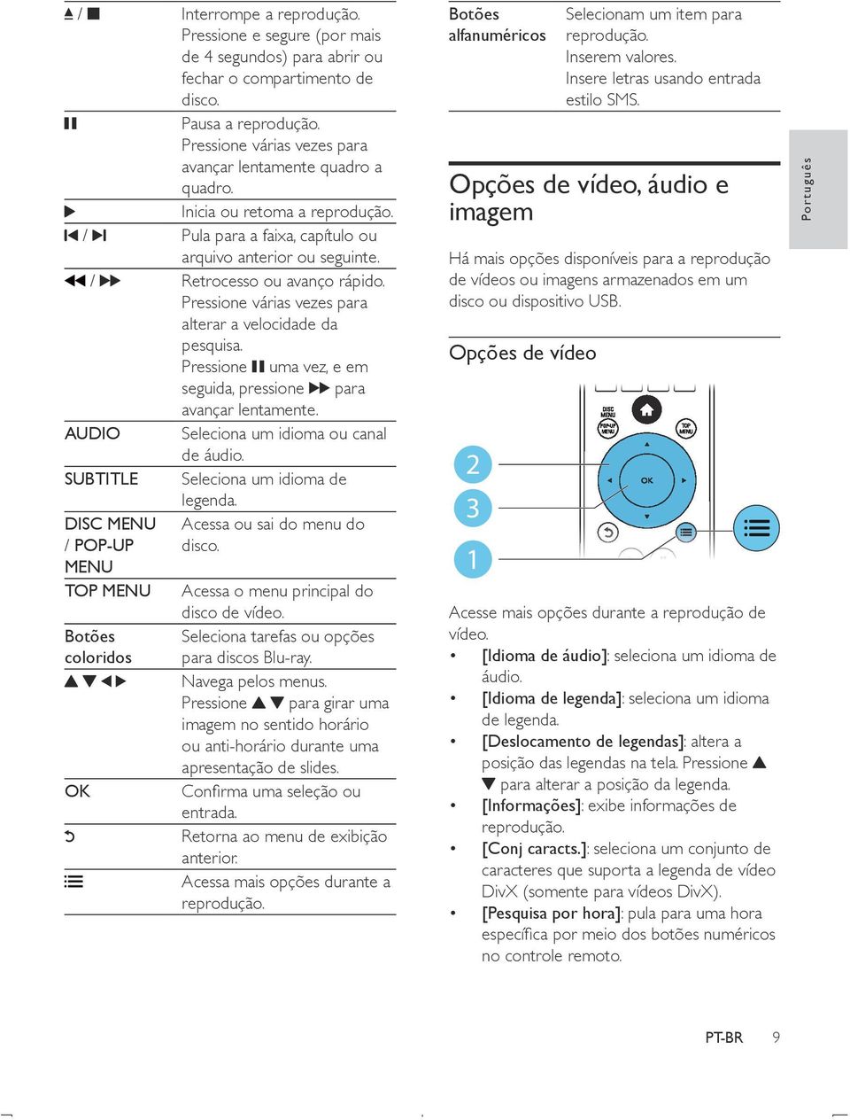 Pressione várias vezes para alterar a velocidade da pesquisa. Pressione uma vez, e em seguida, pressione para avançar lentamente. AUDIO Seleciona um idioma ou canal de áudio.