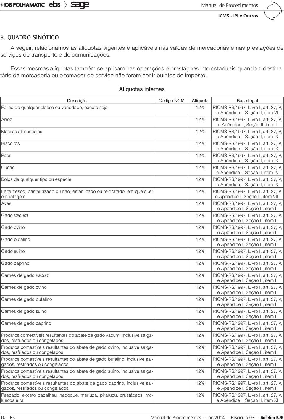 Alíquotas internas Descrição Código NCM Alíquota Base legal Feijão de qualquer classe ou variedade, exceto soja e Apêndice I, Seção II, item VI Arroz e Apêndice I, Seção II, item I Massas