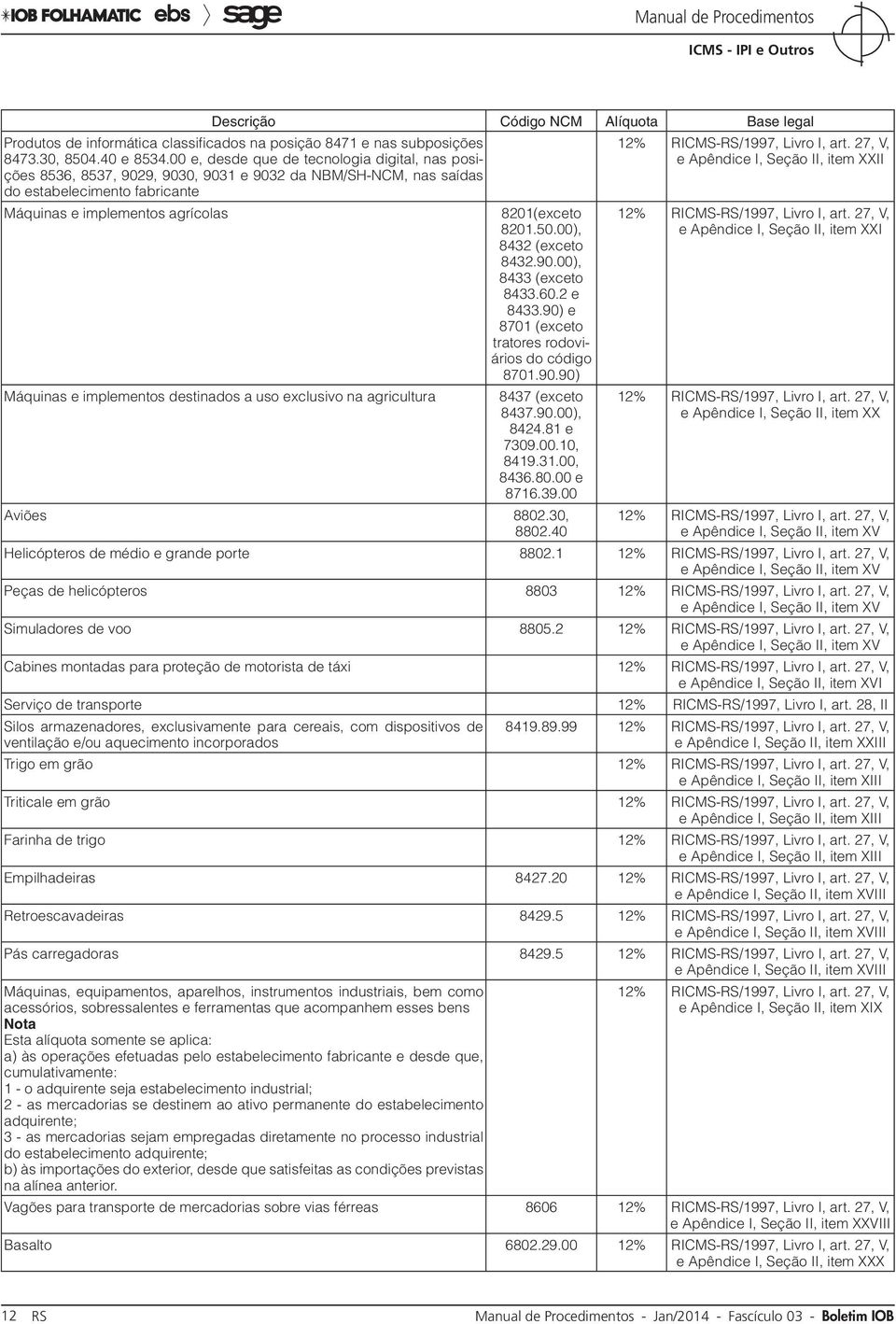 00), 8432 (exceto 8432.90.00), 8433 (exceto 8433.60.2 e 8433.90) e 8701 (exceto tratores rodoviários do código 8701.90.90) Máquinas e implementos destinados a uso exclusivo na agricultura 8437 (exceto 8437.