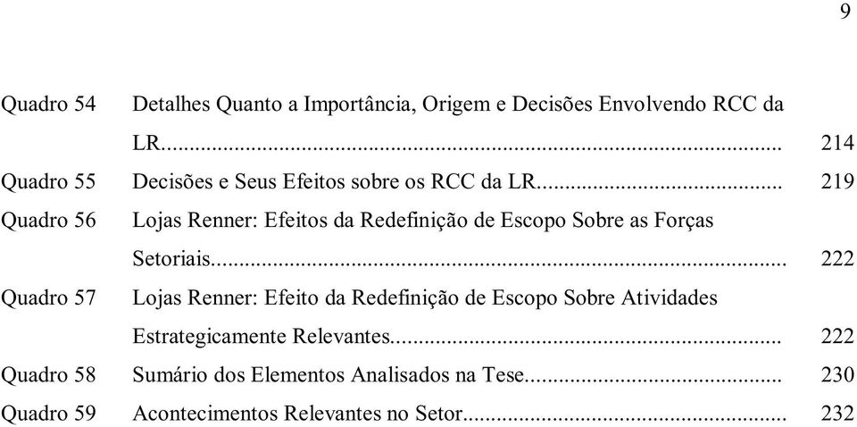 .. 219 Quadro 56 Lojas Renner: Efeitos da Redefinição de Escopo Sobre as Forças Setoriais.