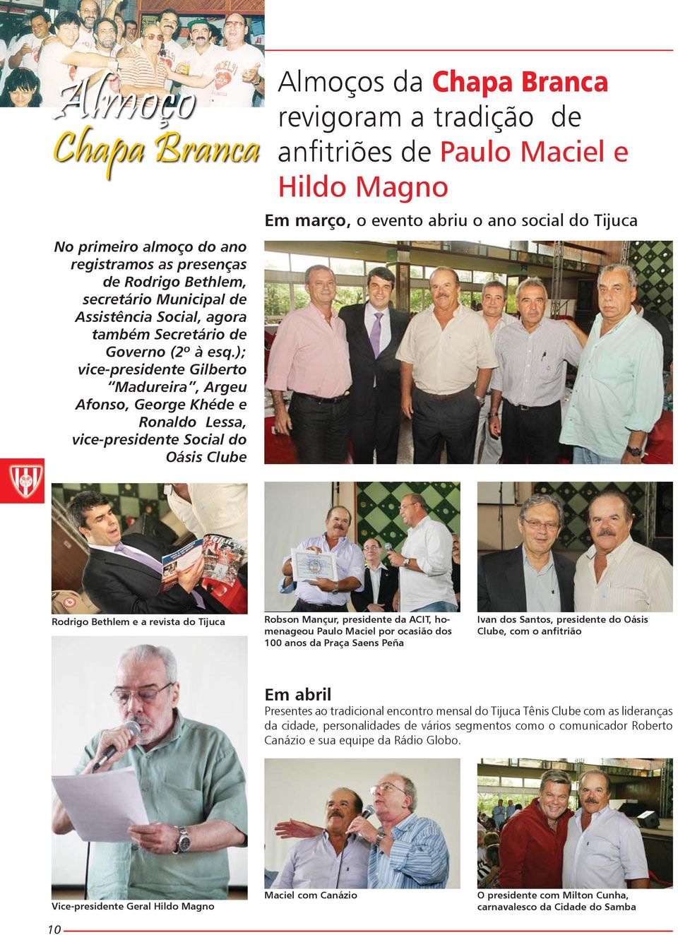 Hildo Magno Em março, o evento abriu o ano social do Tijuca Rodrigo Bethlem e a revista do Tijuca Robson Mançur, presidente da ACIT, homenageou Paulo Maciel por ocasião dos 100 anos da Praça Saens