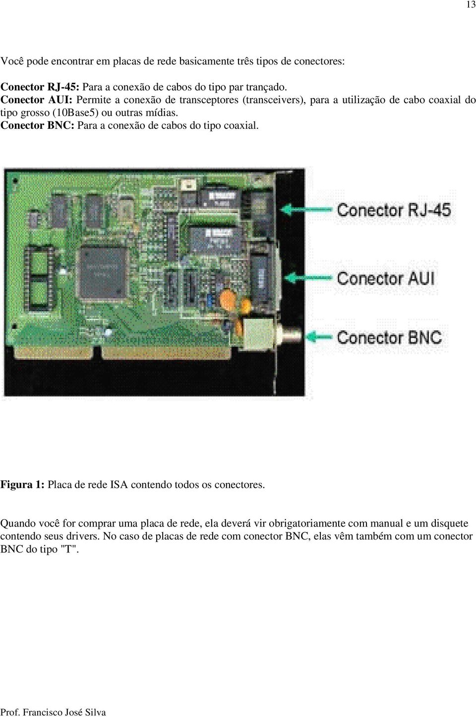 Conector BNC: Para a conexão de cabos do tipo coaxial. Figura 1: Placa de rede ISA contendo todos os conectores.