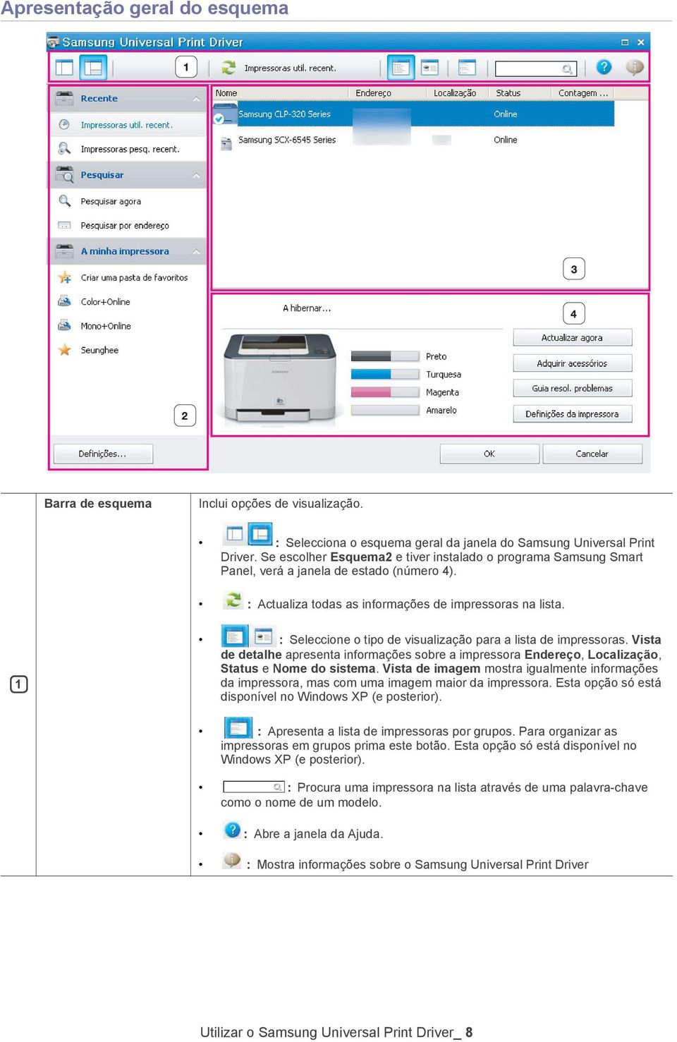 1 : Seleccione o tipo de visualização para a lista de impressoras. Vista de detalhe apresenta informações sobre a impressora Endereço, Localização, Status e Nome do sistema.