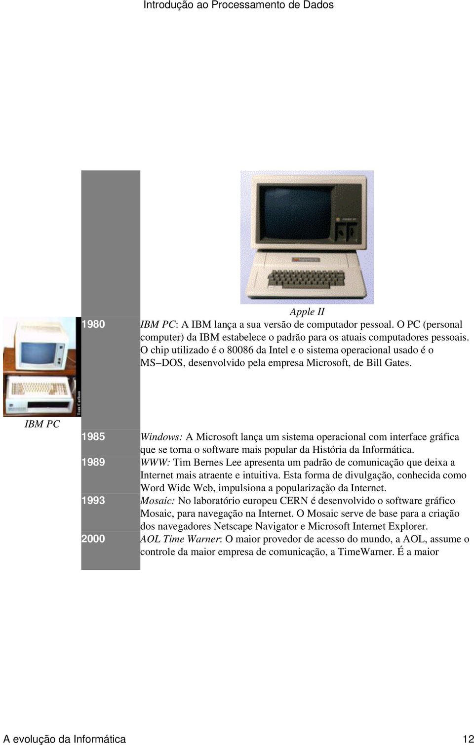 IBM PC 1985 Windows: A Microsoft lança um sistema operacional com interface gráfica que se torna o software mais popular da História da Informática.