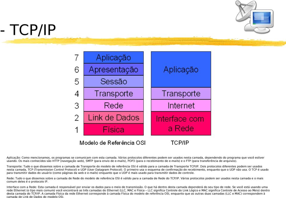 Transporte: Tudo o que dissemos sobre a camada de Transporte do modelo de referência OSI é válido para a camada de Transporte TCP/IP.