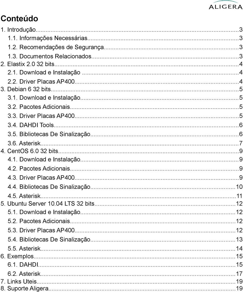 CentOS 6.0 32 bits...9 4.1. Download e Instalação...9 4.2. Pacotes Adicionais...9 4.3. Driver Placas AP400...9 4.4. Bibliotecas De Sinalização...10 4.5. Asterisk...11 5. Ubuntu Server 10.