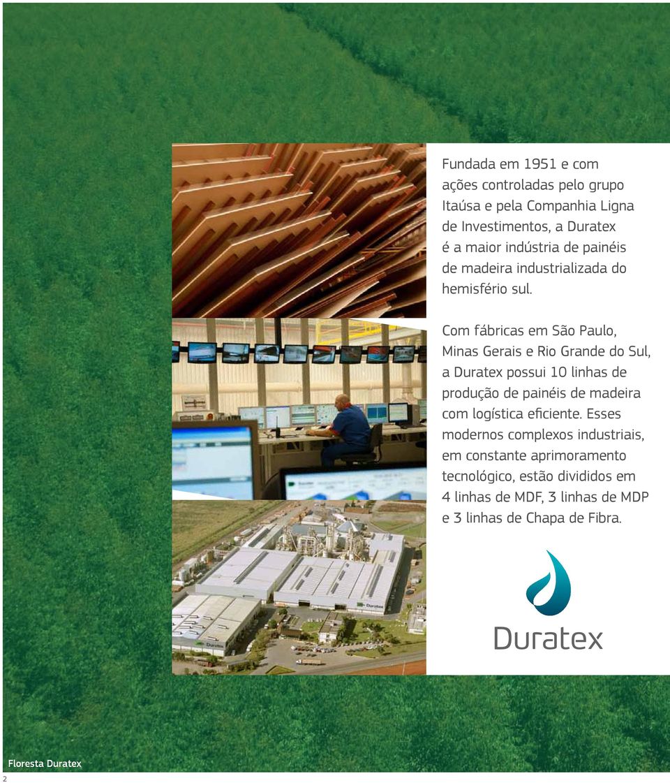 Com fábricas em São Paulo, Minas Gerais e Rio Grande do Sul, a Duratex possui 10 linhas de produção de painéis de madeira com