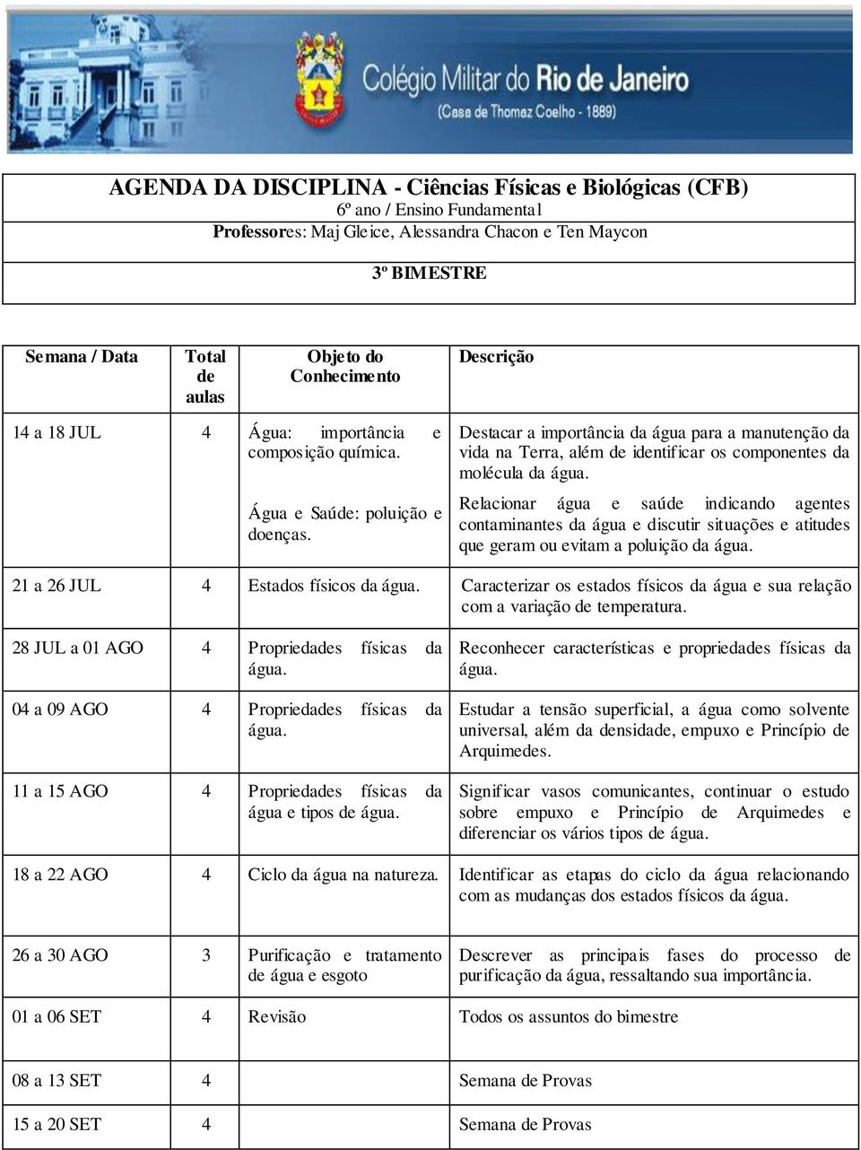 Relacionar água e saú indicando agentes contaminantes da água e discutir situações e atitus que geram ou evitam a poluição da água. 21 a 26 JUL 4 Estados físicos da água.