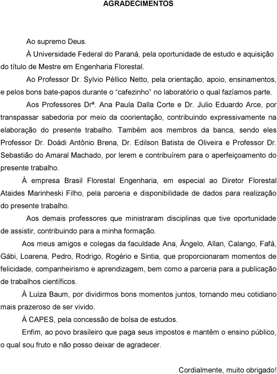 Julio Eduardo Arce, por transpassar sabedoria por meio da coorientação, contribuindo expressivamente na elaboração do presente trabalho. Também aos membros da banca, sendo eles Professor Dr.